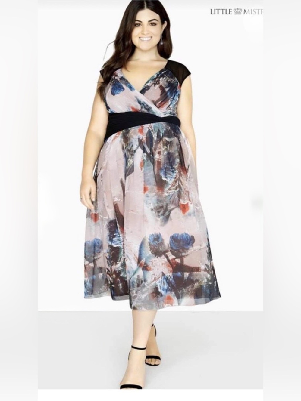 LITTLE MISTRESS Blush floral midi dress with cinched wait detail US 16 Like new